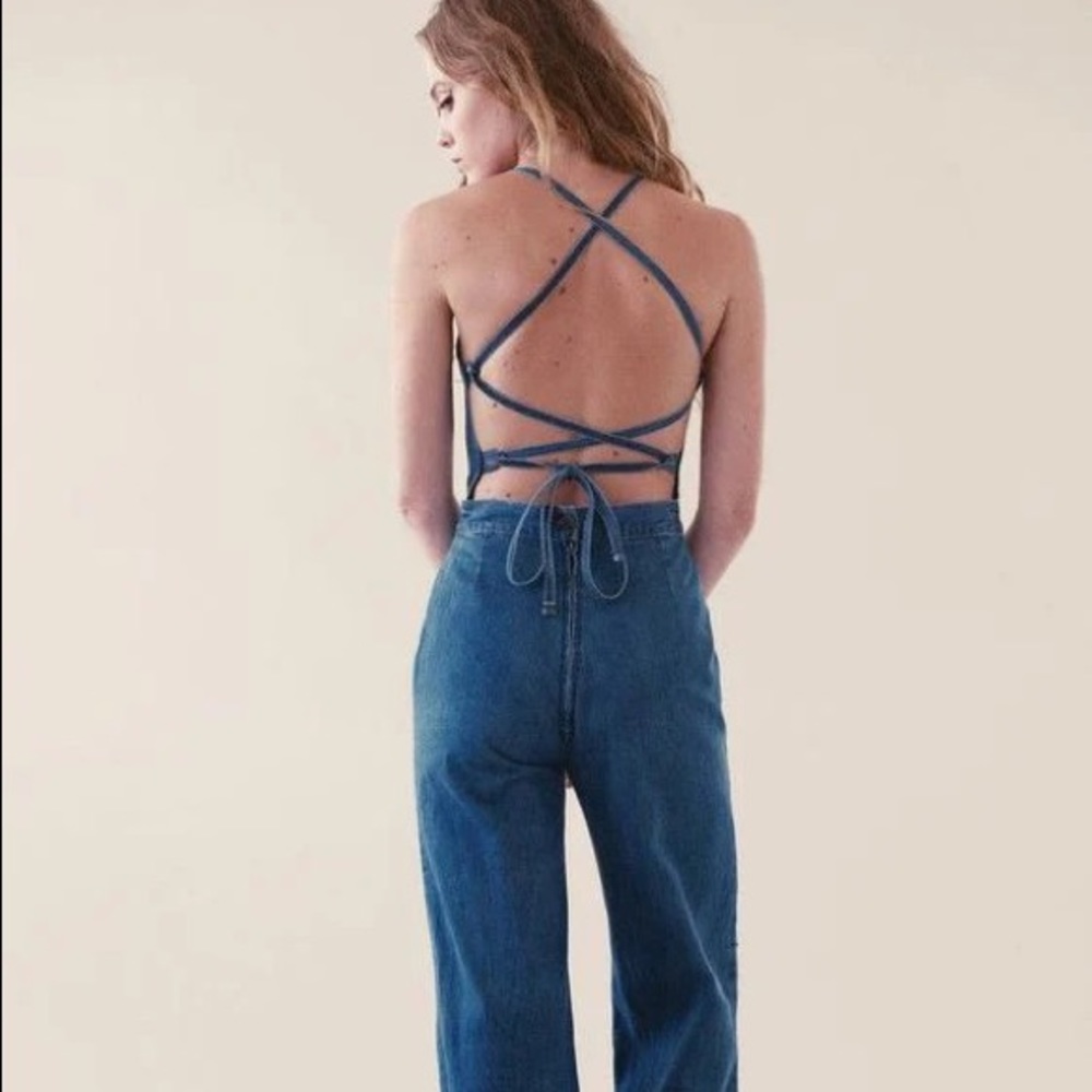 70s 60s style denim wide leg halter jumpsuit